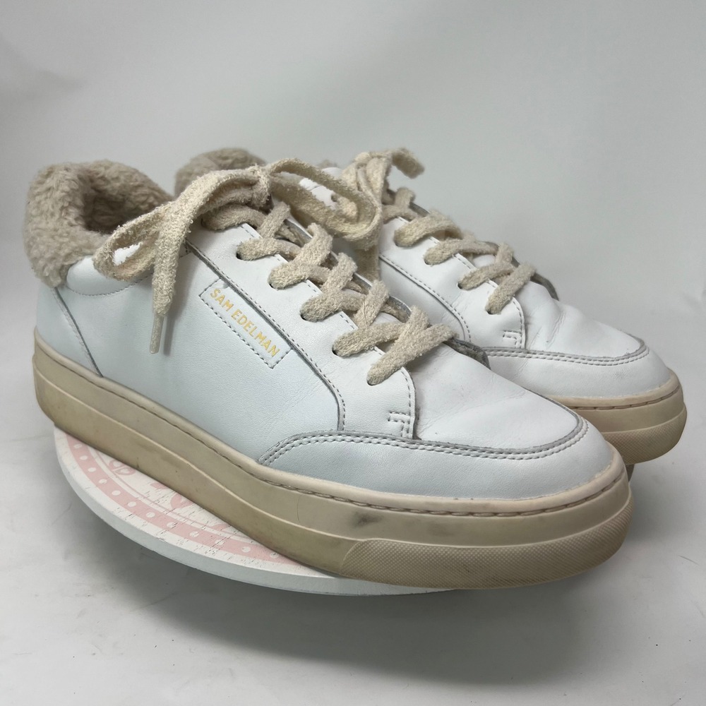 SAM EDELMAN Wess Sneaker Women 10 White Leather Faux Shearling Platform Low Top - Picture 2 of 13